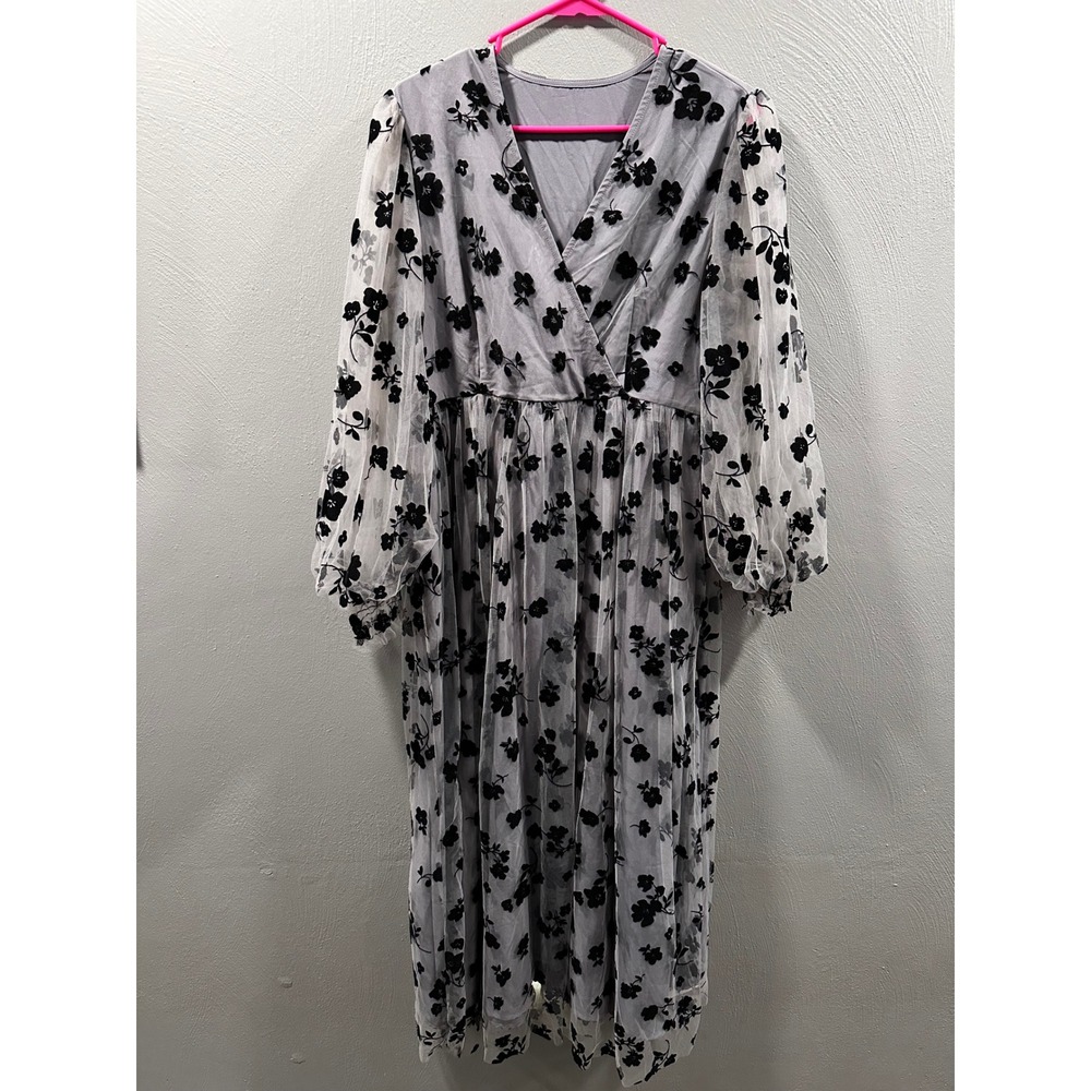 Chicwish Grey Mesh Velvet Floral Burnout Midi Dress Balloon Sleeve Large NWT